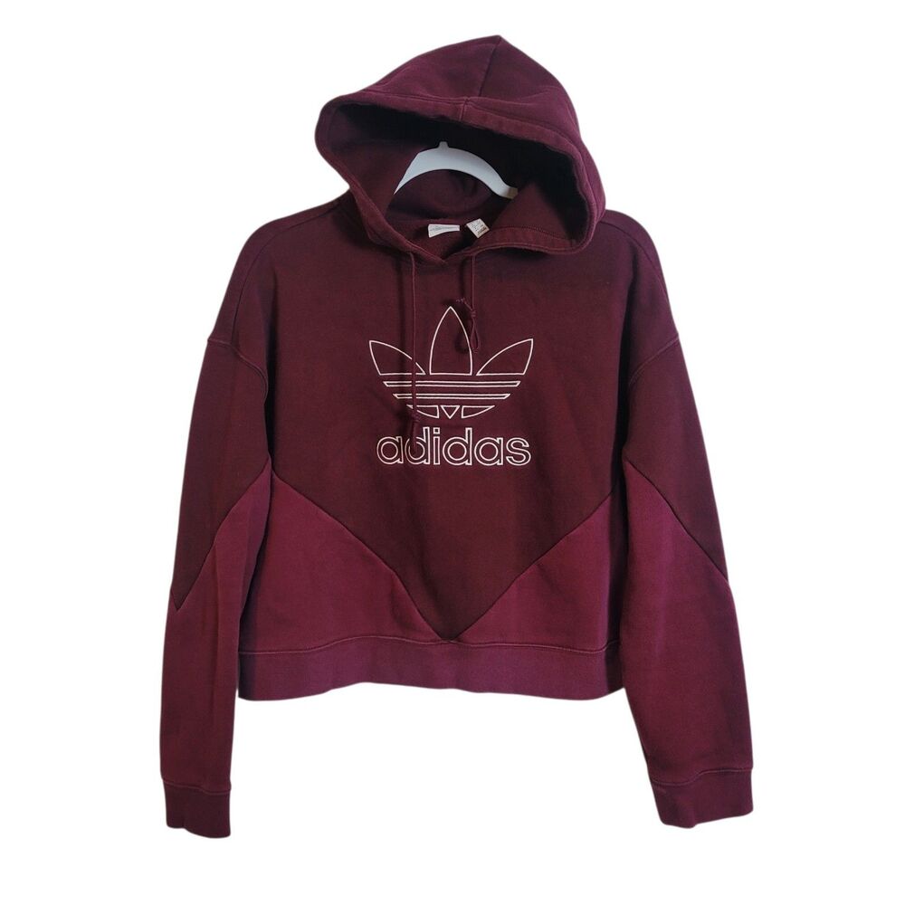 Adidas CLRDO Cropped Trefoil Hoodie Women's Large L Maroon Colorblock Athleisure